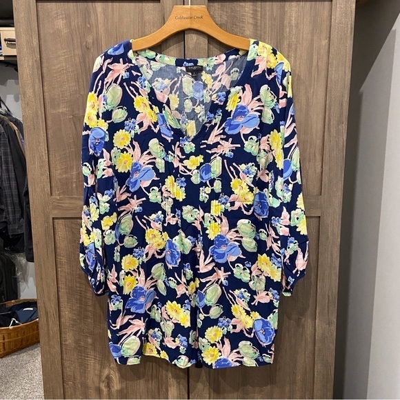 Talbots Size X Popover Shirt Top 3/4 sleeves blue floral - Picture 1 of 11